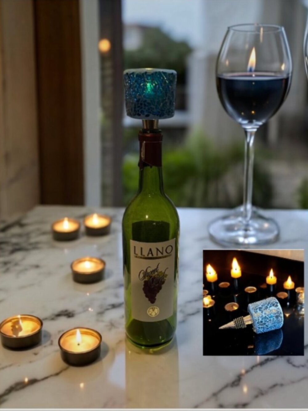 WINE STOPPER -- Unique Tea Light Holder, Blue Mosaic Glass, Fits Standard Bottle
